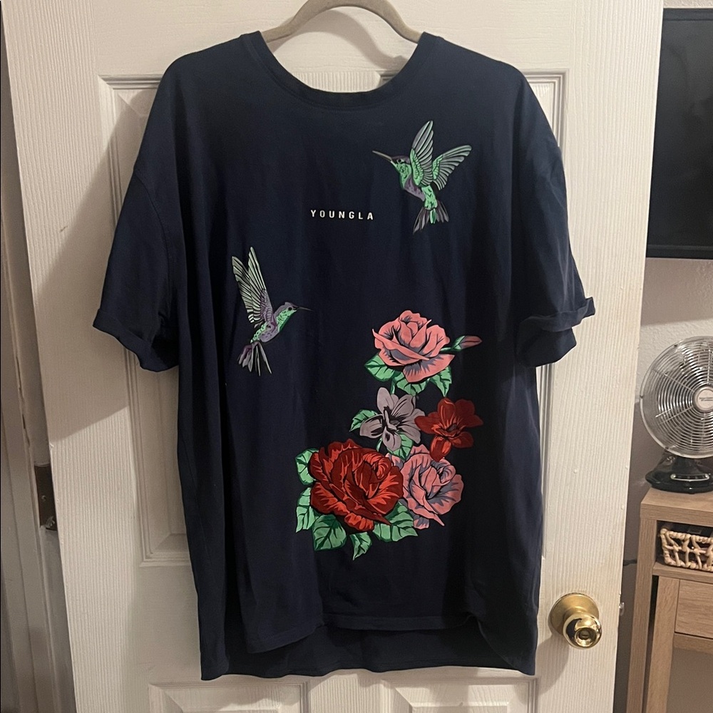 YoungLA Dark Blue Tee with Floral and Bird Design